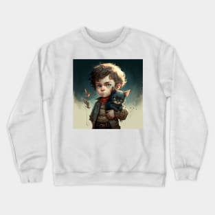 Young boy looking solemn as he holds his kitten. Crewneck Sweatshirt